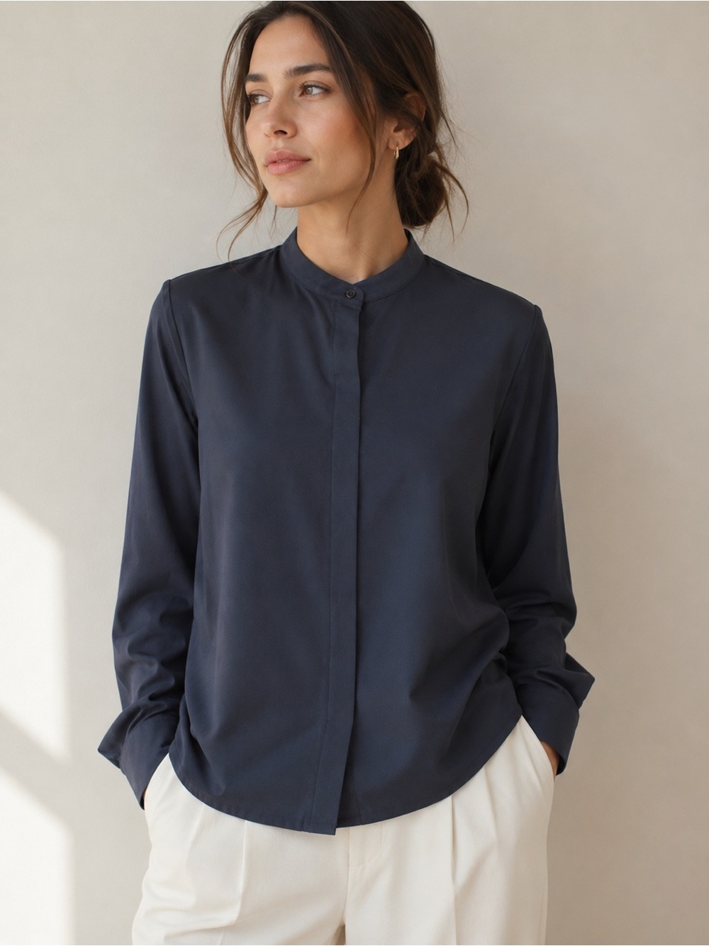 Ministry of Supply Minimalist Black Mandarin-Collar Women's Blouse- S